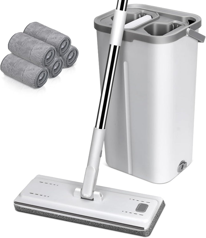 MASTERTOP Wischmopp Set mit Eimer, Flachmopp Bodenwischer mit 5 Mopp Pads und Langem Griff, 2 in 1 P