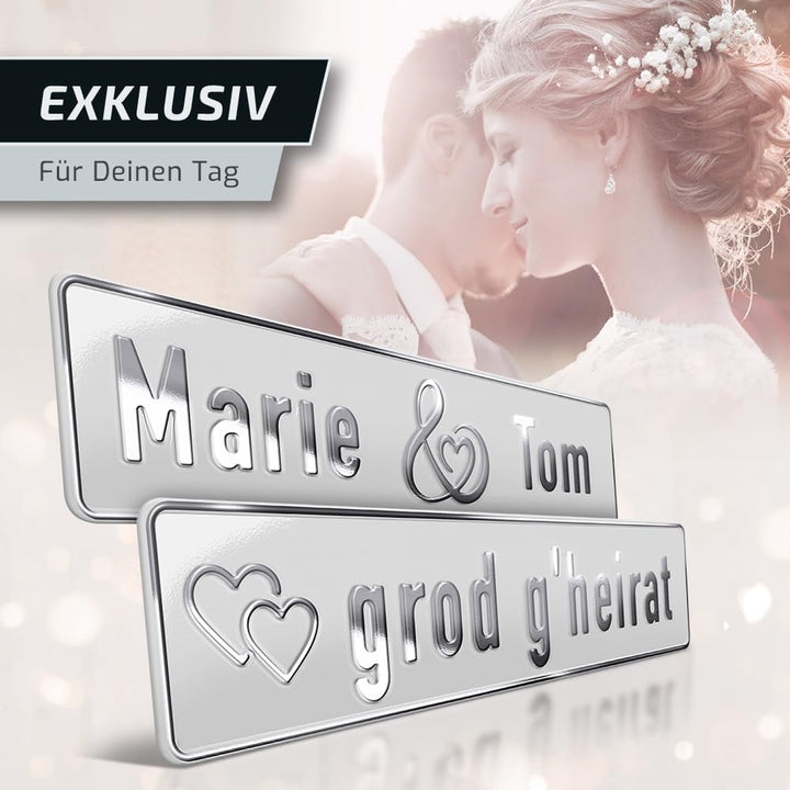 1 Hochzeit Autoschild | Weiss | Silberprägung Wunschtext | Herz &amp; Ringe Platine: Weiss, Platine: Wei