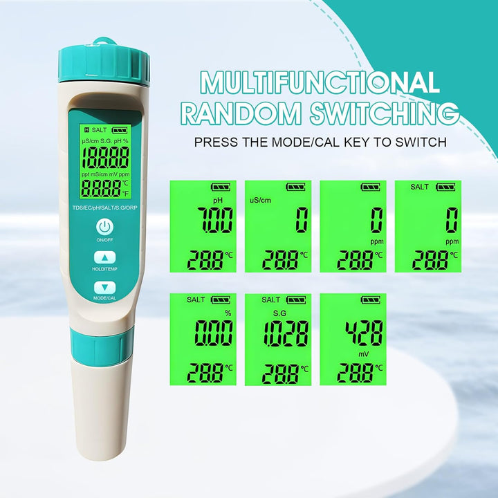 Wasserqualitätstester T8-W7L – 7-in-1 Messgerät pH/TDS/EC/Salz/ORP/SG/Temperatur | IP67 Wasserdicht