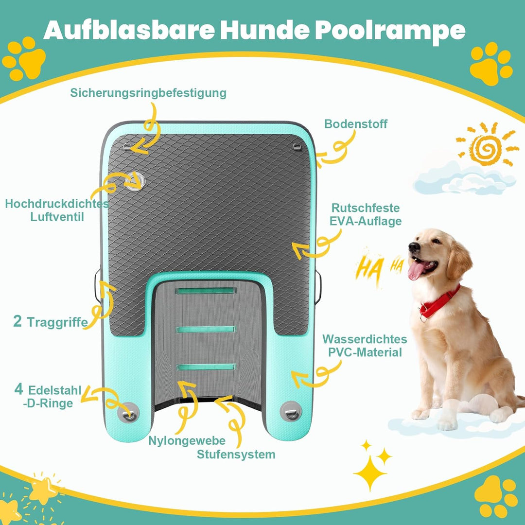 Hunderampe 120 x 82cm, Aufblasbare Wasserrampe für Hunde, Reissfest und Langlebig, Aufblasbare Dog R