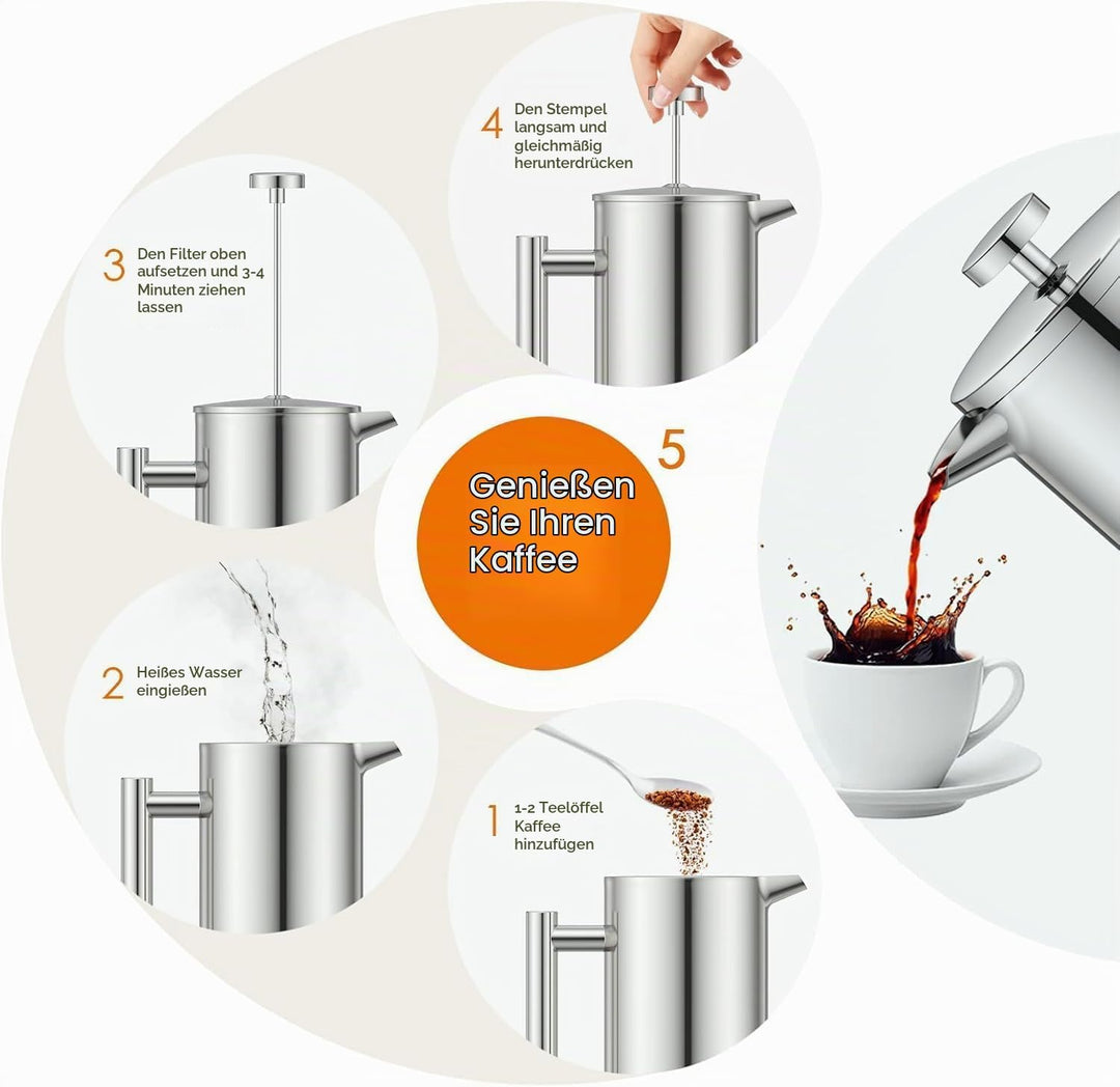 Kaffeebereiter French Press 1,5 Liter Kaffeezubereiter aus Edelstahl, Doppelwandig Isoliert French P