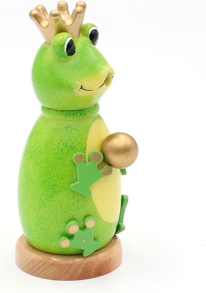 Holz Räuchermann, Räucherfigur, Räuchermännchen als Froschkönig mit Krone und Goldener Kugel in grün