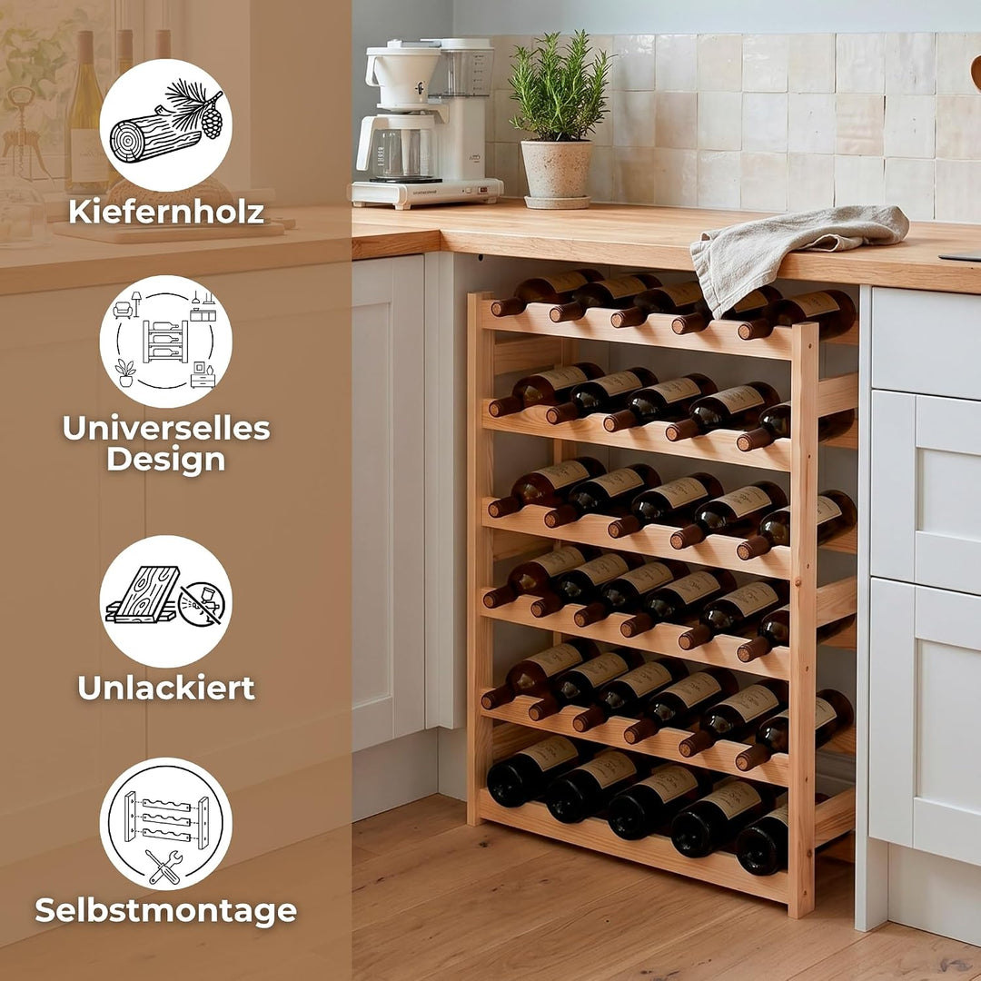SPRINGOS Weinkühlschrank aus Kiefernholz für 30 Flaschen - Natürlicher Holz-Weinregal mit 6 vorderen