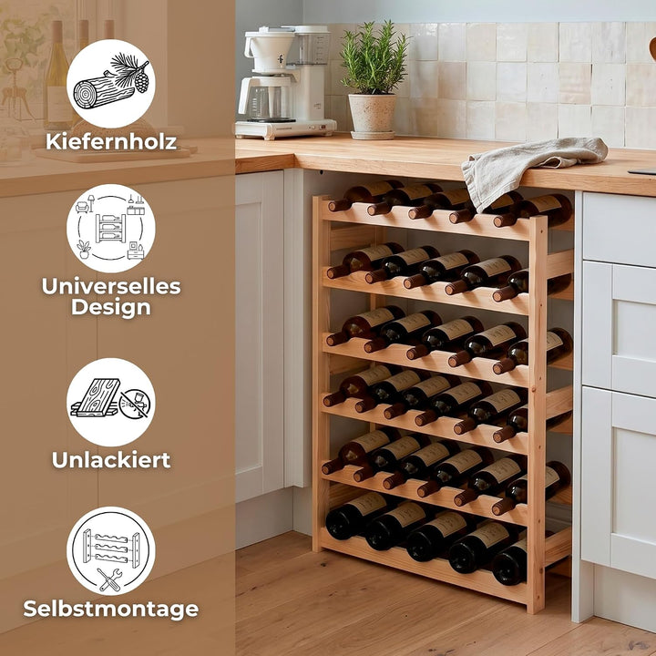 SPRINGOS Weinkühlschrank aus Kiefernholz für 30 Flaschen - Natürlicher Holz-Weinregal mit 6 vorderen
