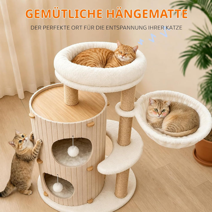 Premium kratzbaum mit 2er Kratztonne, Katzenbaum＆Grosse Plattformen | Sisalstämme, Kratzrampe, Katze