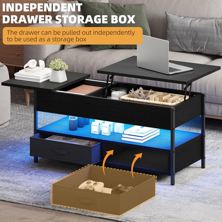 DWVO Couchtisch Höhenverstellbar mit 2 Schublade und Offener Lagerraum, LED Couchtisch mit Versteckt