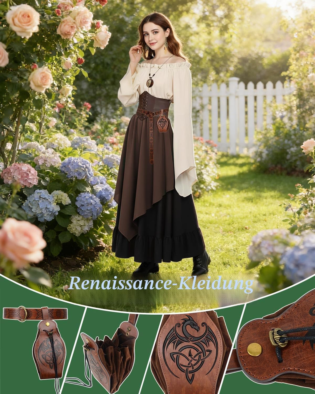 Mittelalter Kleidung Damen Set, Renaissance Kostüm und Retro Off Shoulder Bluse mit Corsett, Gürtelt