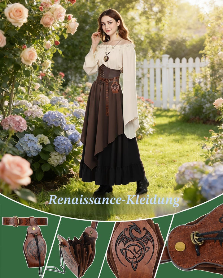 Mittelalter Kleidung Damen Set, Renaissance Kostüm und Retro Off Shoulder Bluse mit Corsett, Gürtelt