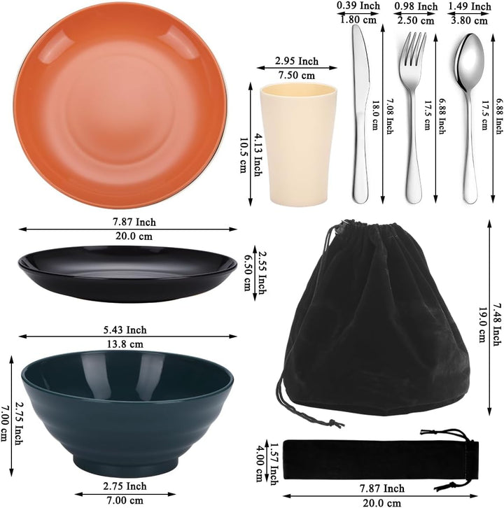 Kyraton Camping Besteck Set, wiederverwendbarer Leichter Becher, Schalen, Teller und Edelstahlbestec