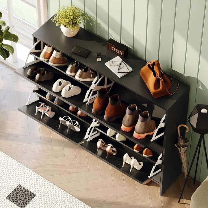 LEADZM Schuhschrank Schmal,Schuhkipper 106,5 x 24 x 90 cm Schwarz | mit 4 Flip-Schubladen Schuhregal