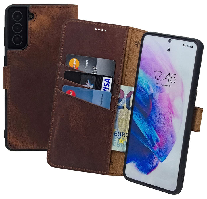 Suncase Book-Style Hülle kompatibel mit Samsung Galaxy S23 5G Leder Tasche (Slim-Fit) Lederhülle Han