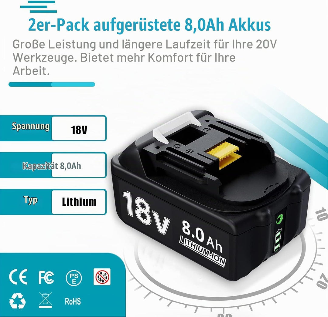 Akku 18V 8Ah für BL1860B BL1860 BL1850B BL1850 BL1840B BL1835 BL1830 BL1815 LXT-400 194204-5 194205-