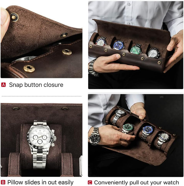 Hiram Uhren-Reiseetui für 4 Uhren, echtes Leder, Aufbewahrungsbox, Schiebekissen-Design, tragbarer U