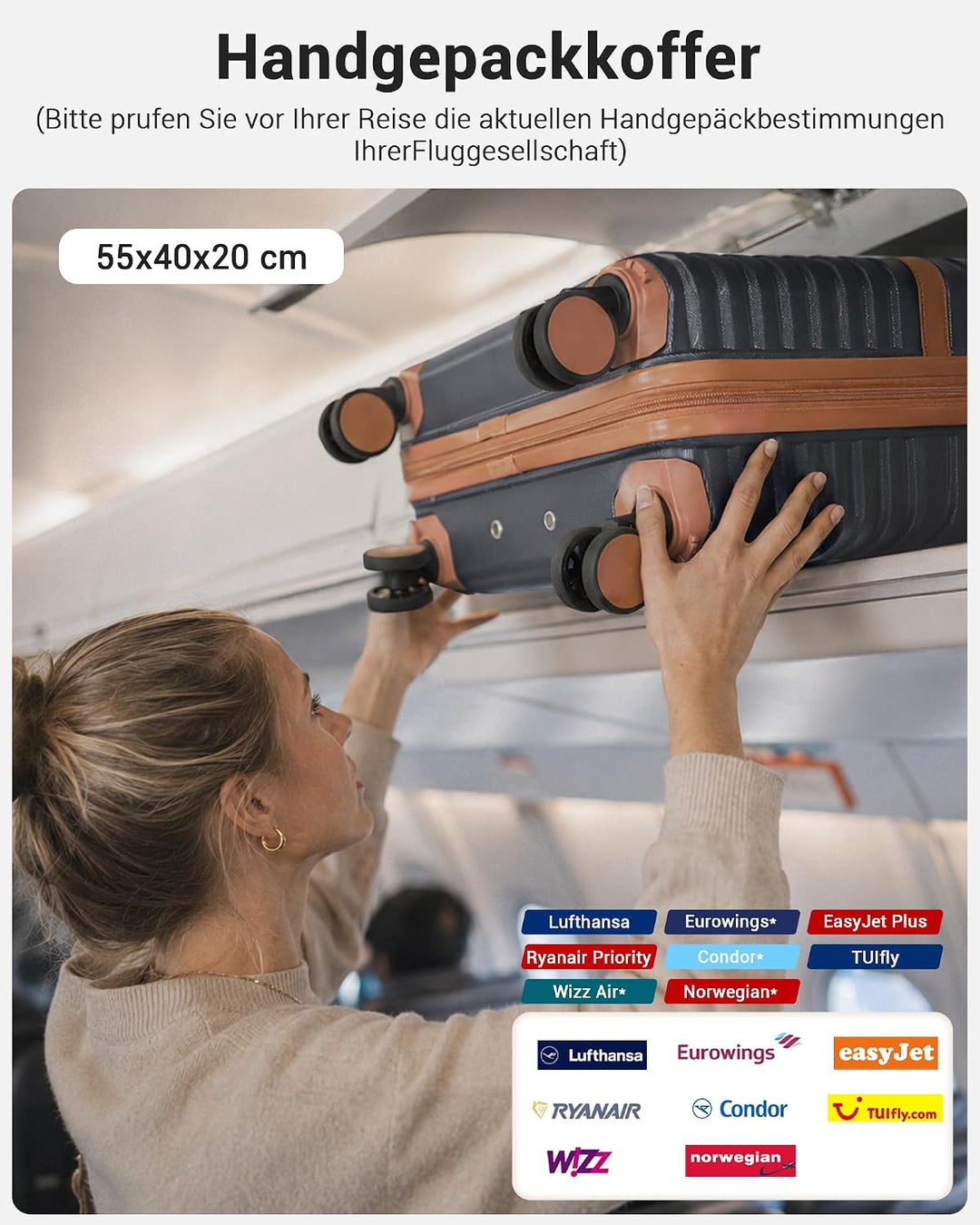 KONO Koffer Reisekoffer Trolley Handgepäck Koffer 55x40x20cm von ABS+PC Hartschalenkoffer mit Zwilli