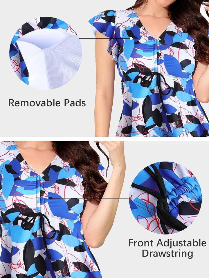 Ecupper Damen Zweiteilig Badeanzug Push up Tankini Set mit Badeshorts Bademode S Blau, S Blau