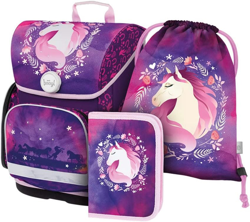 Baagl Schulranzen Mädchen Set 3 Teilig, Ergo Schultasche ab 1. Klasse, Ergonomische Grundschule Ranz