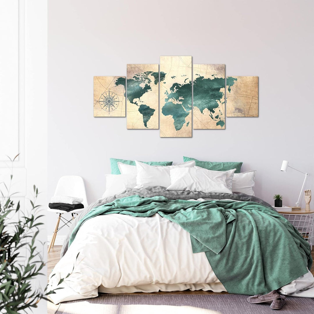 Runa Art - Bilder Weltkarte 200 x 100 cm 5 Teilig XXL Wanddekoration Design Grün braun 026051a 200 x