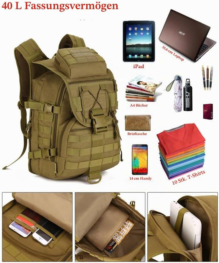Taktischer Rucksack, 40 l, Trekking-Rucksack, wasserabweisend, Militär, Armee, Kampfrucksack, MOLLE,