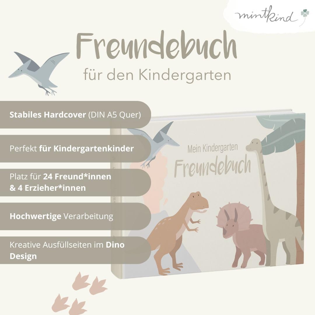 mintkind® „Meine Freunde“ Freundebuch Dino | für Junge und Mädchen | Freundschaftsbuch Kindergarten,