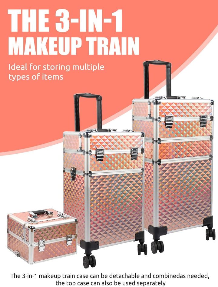 EBANKU 3-in-1 professioneller Make-up-Zugkoffer, Aluminium-Kosmetikkoffer, rollender Make-up-Koffer,