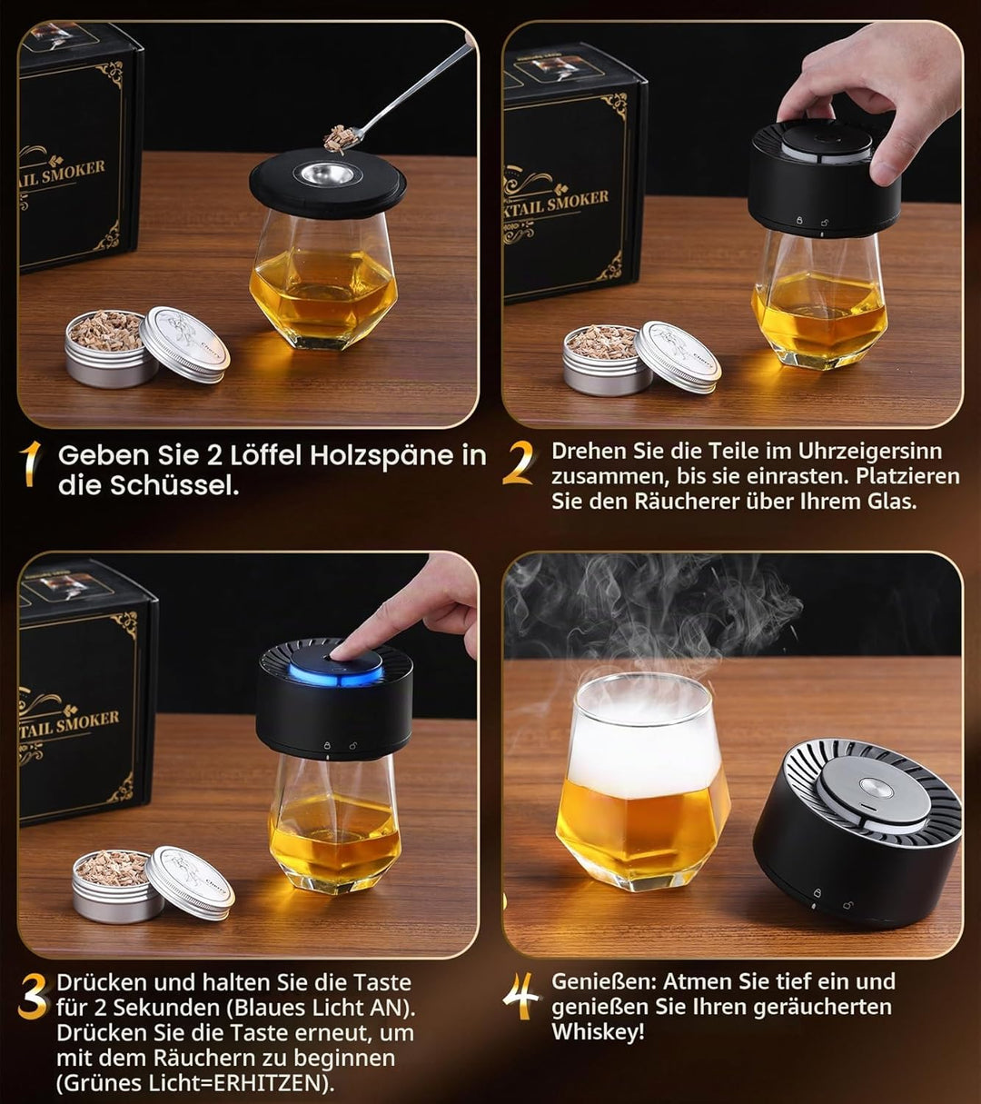Elektrisches Whisky-Räucherset mit LED-Licht, 6 Holzspäne-Aromen, kein Butan erforderlich, wiederauf