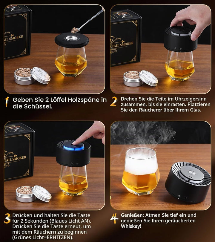 Elektrisches Whisky-Räucherset mit LED-Licht, 6 Holzspäne-Aromen, kein Butan erforderlich, wiederauf