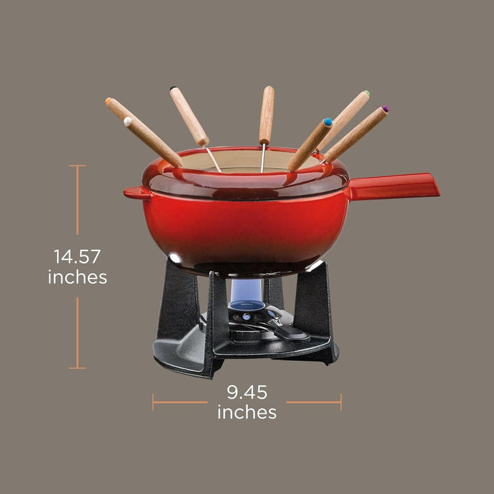 Spring Gusseisen Fondue Set rot | Ø 20 cm | mit 8 Fonduegabeln und Spritzschutz | für Käsefondue, Fl