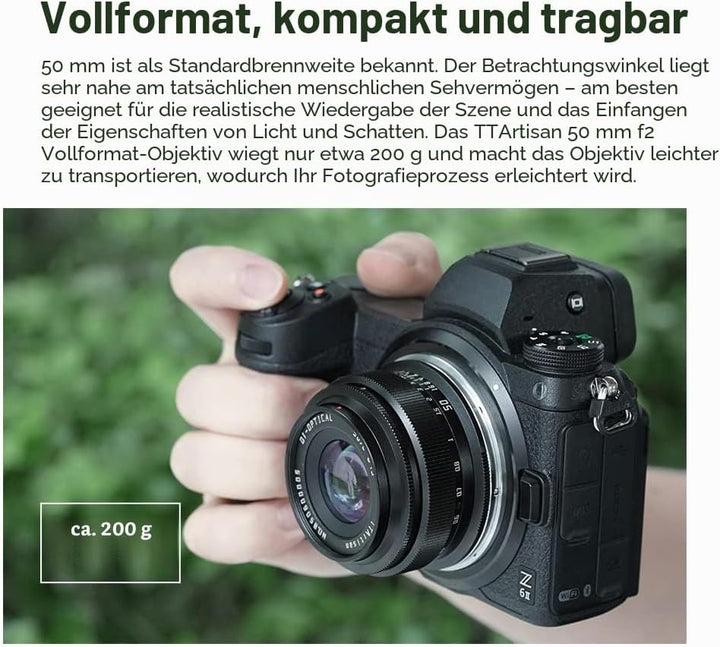 TTArtisan 50mm F2 Full Frame Manual Camera Lens Compact Design Light Weight Standard Focal Length Ca