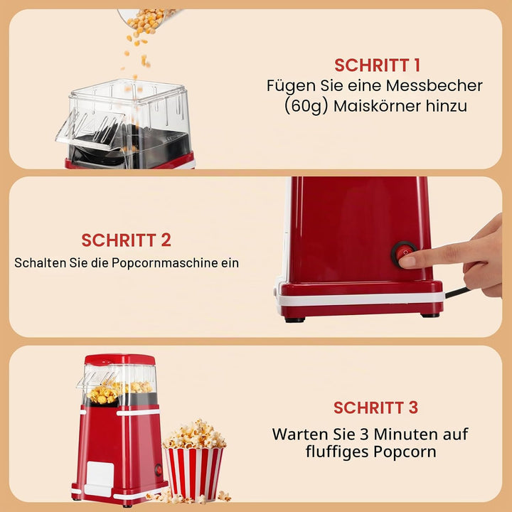 Cozary Popcornmaschine, 1200W Popcorn Maker mit Heissluft für fettfreies Popcorn, mit Messbecher, Re