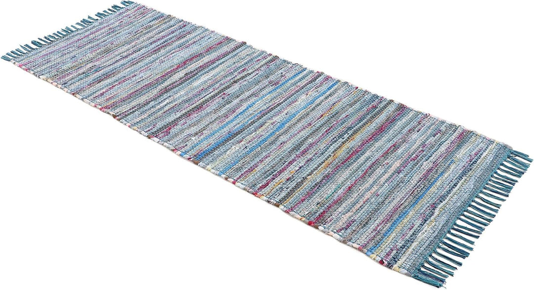carpetfine Flickenteppich Kelim Chindi Läufer Blau 60x180 cm | Fleckerlteppich aus Baumwolle für Woh