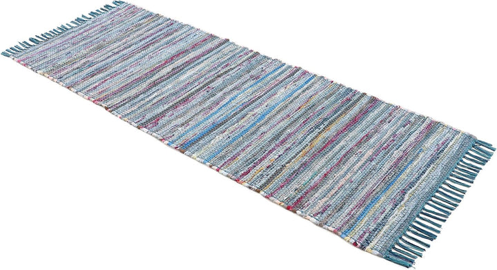 carpetfine Flickenteppich Kelim Chindi Läufer Blau 60x180 cm | Fleckerlteppich aus Baumwolle für Woh