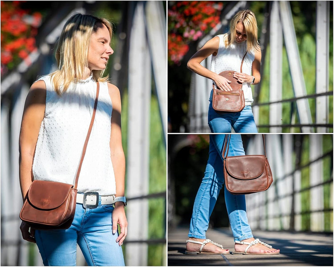 LECONI kleine Umhängetasche Damentasche Schultertasche Festivaltasche Leder 22x18x6cm LE3047 Braun –
