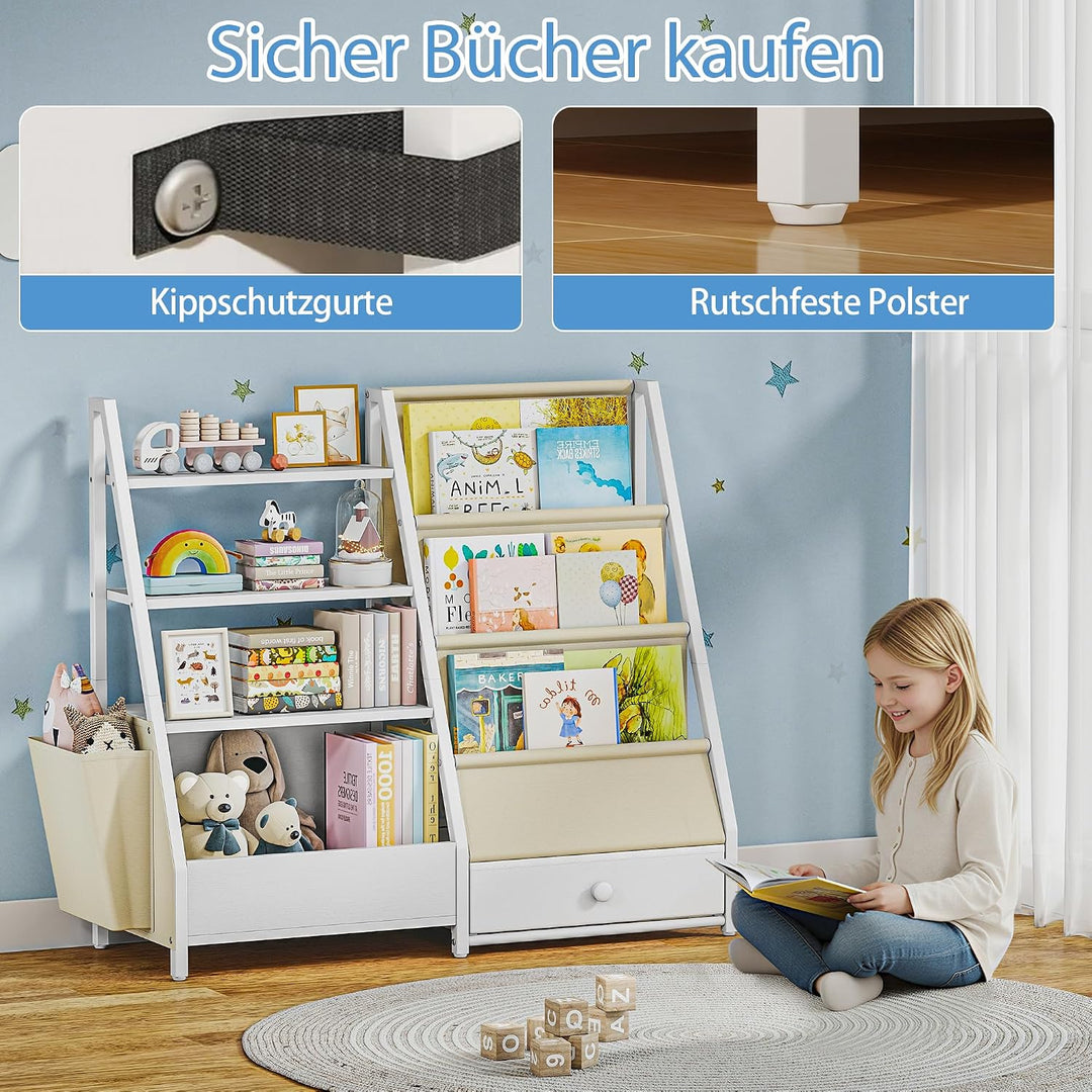 Quikraen Bücherregal Kinder, Kinderregal mit 4 Ablage und 3 Offenen Fächern, Montessori Bücherregal,