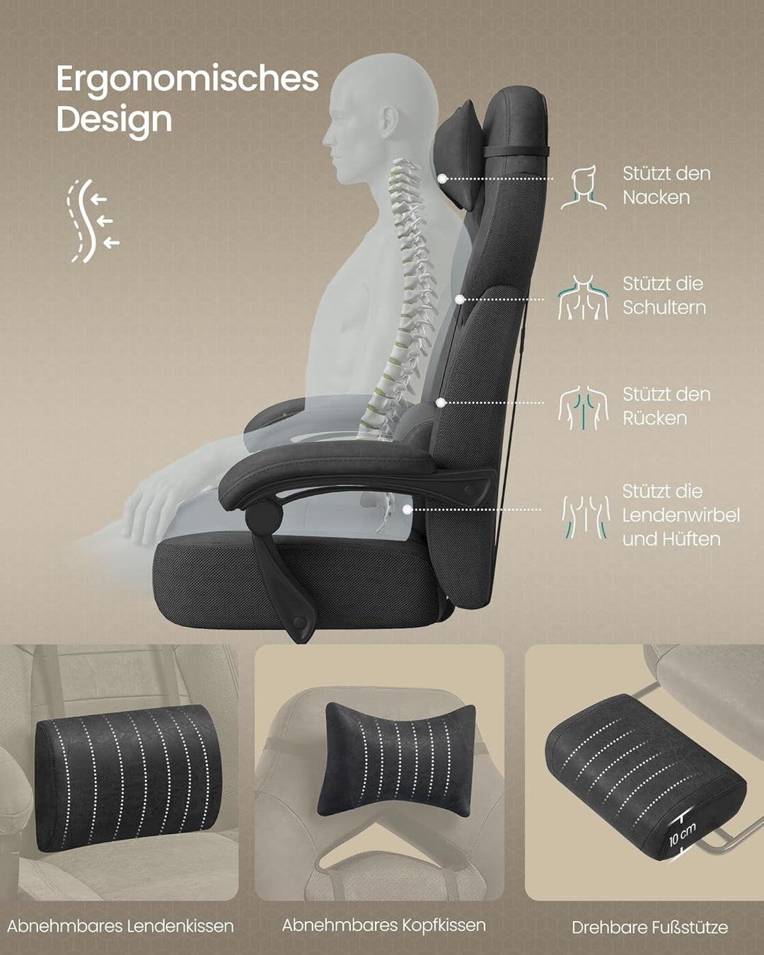 SONGMICS Gaming-Stuhl, Bürostuhl, Computerstuhl, ergonomisches Design, mit Fussstütze, verstellbares