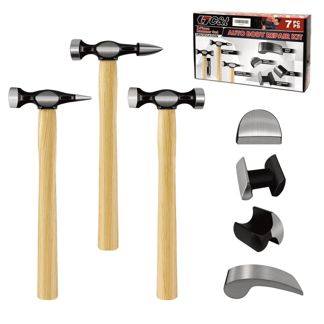 C&amp;T 7-tlg Karosseriereparatur-Werkzeugsatz, Hammerköpfe und Dollies aus Kohlenstoffstahl mit Hickory