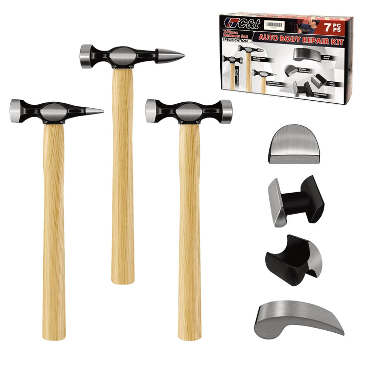 C&amp;T 7-tlg Karosseriereparatur-Werkzeugsatz, Hammerköpfe und Dollies aus Kohlenstoffstahl mit Hickory