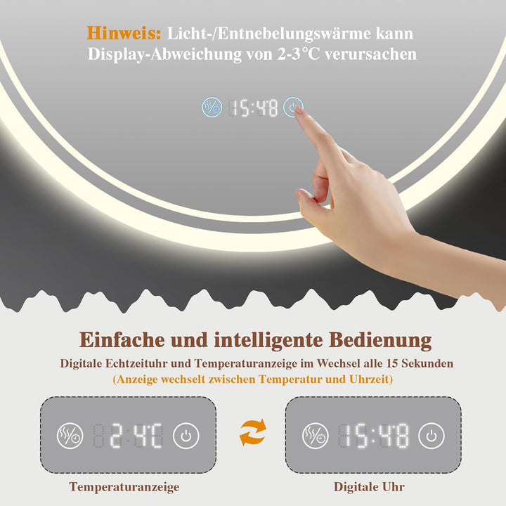 Badspiegel mit Beleuchtung - Badezimmer-Spiegel-LED mit Beschlagfrei, Touch-Schalter, Dimmbar, 3 Lic