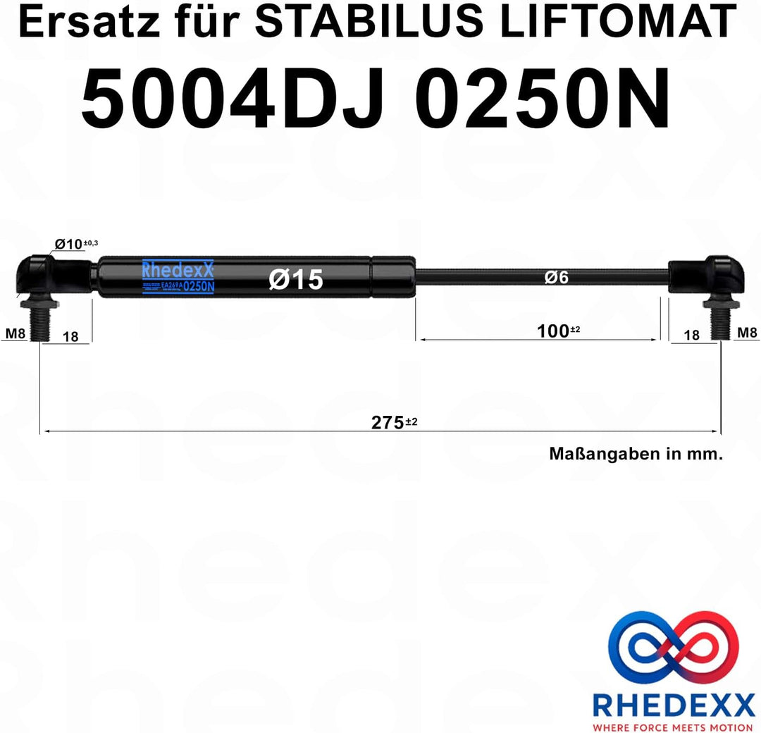 Gasdruckfeder Ersatz für Stabilus Lift-O-Mat 5004DJ 0250N RhedexX® Gasdruckdämpfer mit M6 Winkelgele