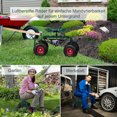 Relaxdays fahrbarer Gartensitz, höhenverstellbar, 150 kg, Stauraum, Rollsitz für Gartenarbeit, Stahl