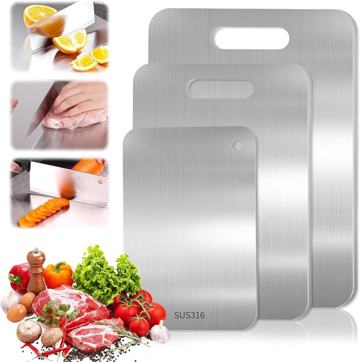 Titan Schneidebrett Set 3 Stück - S316 Edelstahl Schneidebrett, Titanium Cutting Board, Doppelseitig