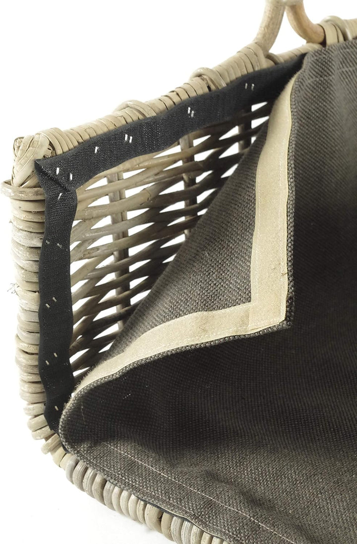 Kobolo Holztrage Holzkorb für Kaminholz eckig - Rattan grau - mit dunklem Stoff ausgestattet