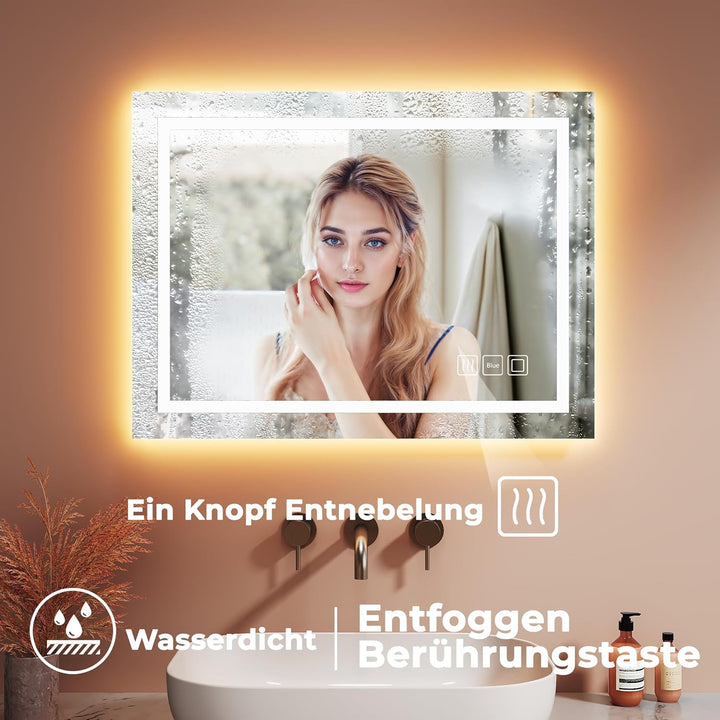 Spiegel Mit Beleuchtung, 80x60cm - Wandspiege, Badezimmer Spiegelbeleuchtung, 4 Farben, Dimmbar Touc