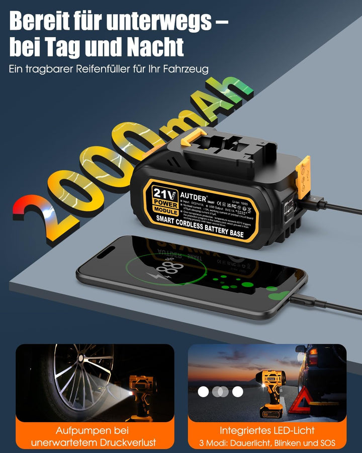 AUTDER Akku Kompressor, Luftkompressor, Tragbare Elektrische Luftpumpe mit 21V Akku und Auto-Netztei