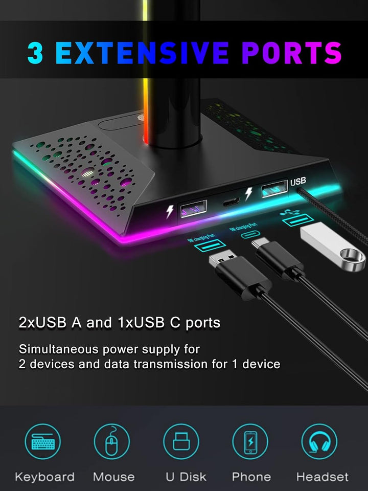 VCOM RGB Headset Halterung mit 2 USB- und 1 Typ-C-Anschluss, Gaming Zubehör Kopfhörer Ständer mit 10