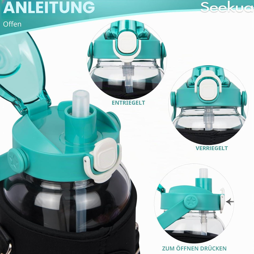 Seekua 2l Trinkflasche Glas Flasche mit Strohhalm & Zeitmarkierung, 2 liter Wasserflasche mit Frücht