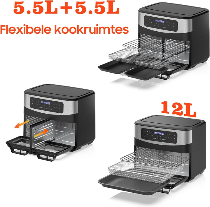 Heissluftfritteuse Dual Zone 12L - XXL Airfryer mit herausnehmbarem Trenner, 2600W Heissluftfritteus