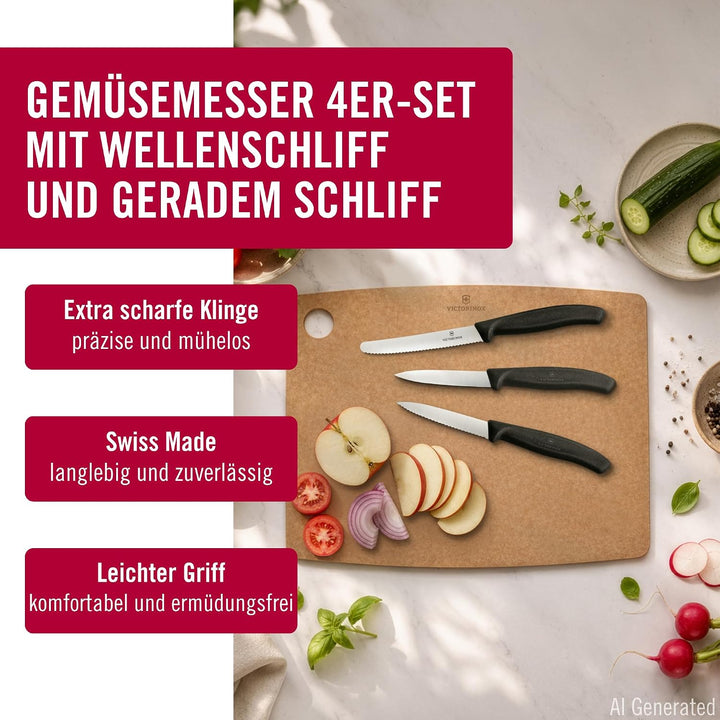 Victorinox Swiss Classic, Tomaten- und Gemüsemesser Set, 4teilig, Scharfe Klinge, 8 und 10 cm, Welle