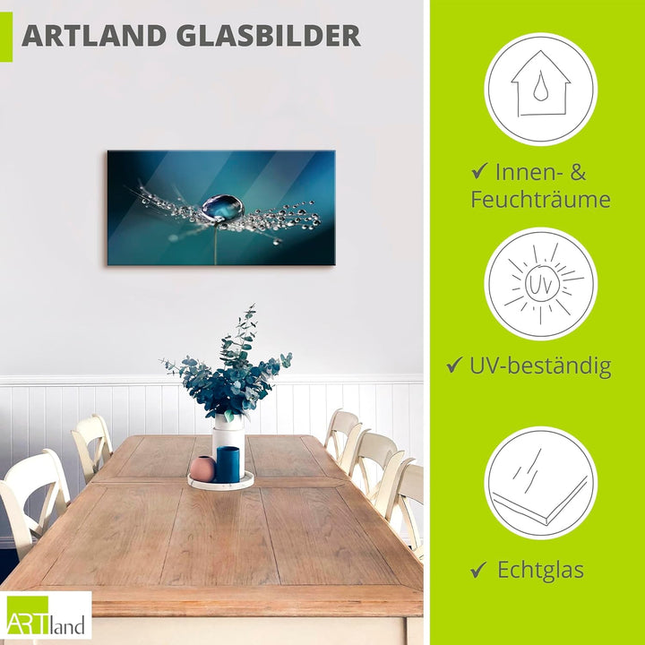 ARTland Glasbilder Wandbild Glas Bild einteilig 100x50 cm Querformat Blumen Pusteblume Wassertropfen