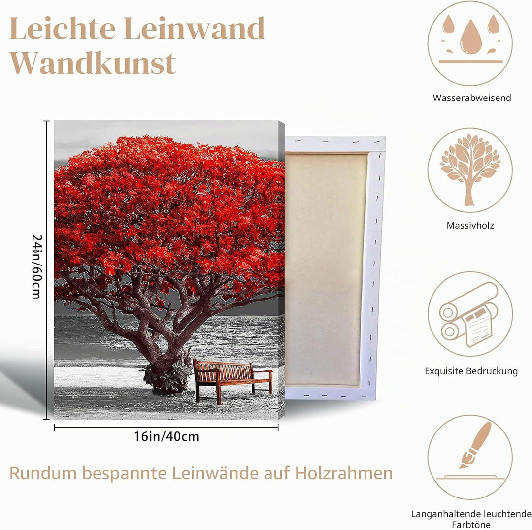 hyidecorart Bilder Baum Rote, Bäume Natur Leinwand Bilder, 3 Teilig Wandbilder Wohnzimmer, Modern Gl
