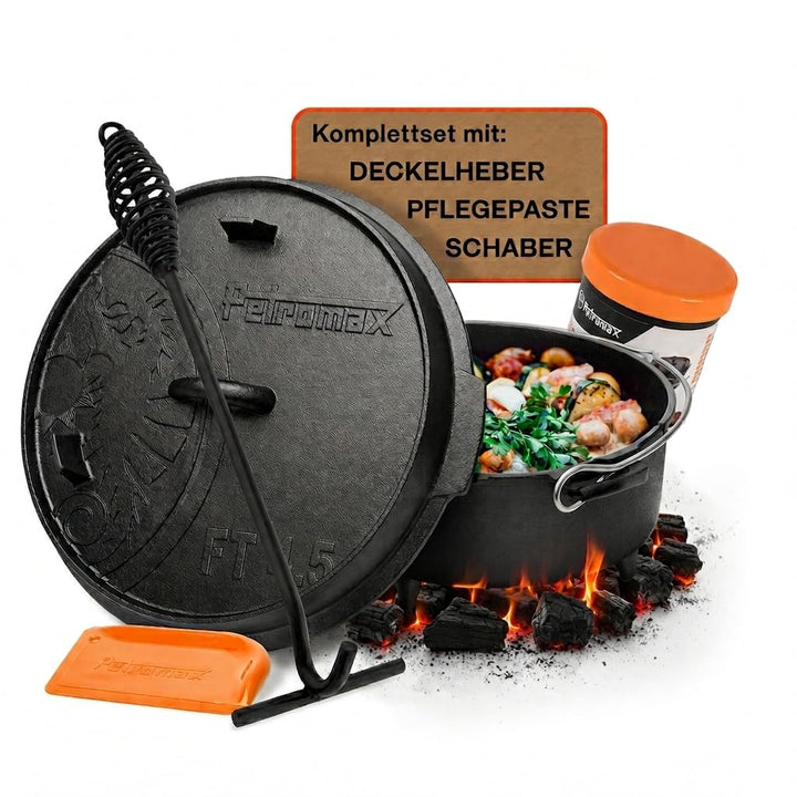 Petromax Feuertopf ft4,5 Set Einsteiger – bestehend aus Feuertopf ft4,5, Deckelheber, Schaber, Pfleg